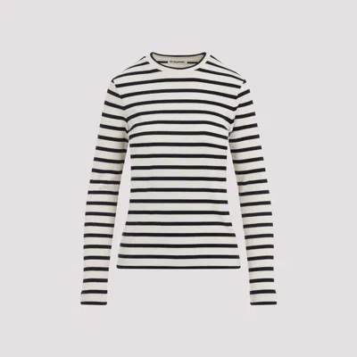 Jil Sander Fine Ribbed Off-white And Black Crew Neck Sweater In Black