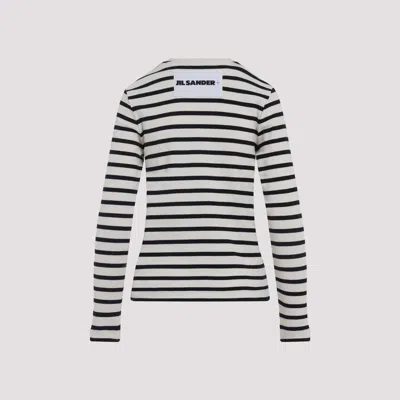 Jil Sander Fine Ribbed Off-white And Black Crew Neck Sweater In Black