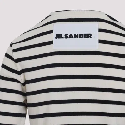 Jil Sander Fine Ribbed Off-white And Black Crew Neck Sweater In Black