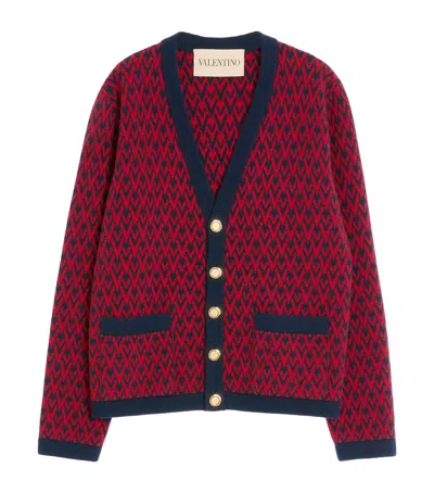 Valentino Toute La V Jacquard Wool Cardigan In Red