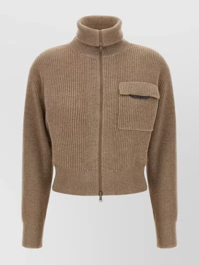Brunello Cucinelli Cropped Cardigan With Shiny Flap Detail In Brown