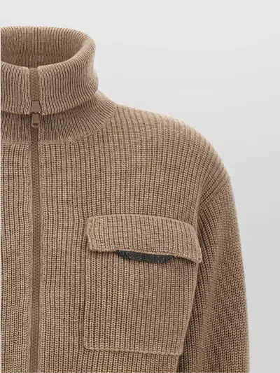 Brunello Cucinelli Cropped Cardigan With Shiny Flap Detail In Brown