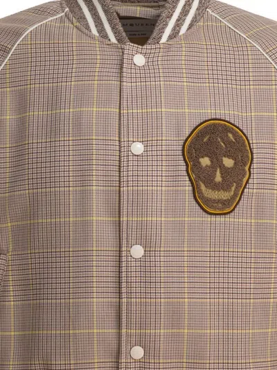 Alexander Mcqueen Skull Patch Prince Of Wales Bomber Jacket In Brown