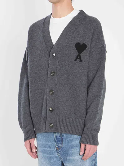 Ami Alexandre Mattiussi Ami Paris Ami De Coeur Heather Grey Wool Cardigan Men In Black