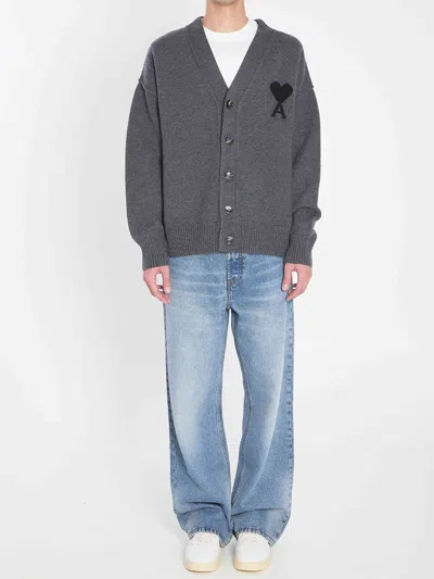 Ami Alexandre Mattiussi Ami Paris Ami De Coeur Heather Grey Wool Cardigan Men In Black