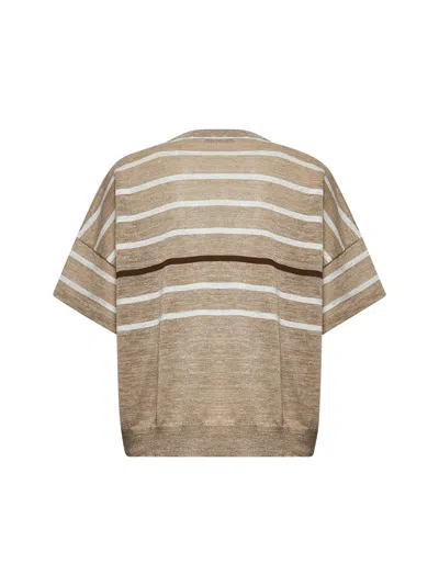 Brunello Cucinelli Women Beige Lurex Linen Blend Striped Sweater In Brown