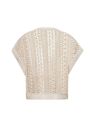 Brunello Cucinelli Women Beige Cotton Ribbed Net Sweater In Neutral