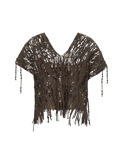 Brunello Cucinelli Women Brown Knit Dazzling Abstract Embroidery Top In Brown