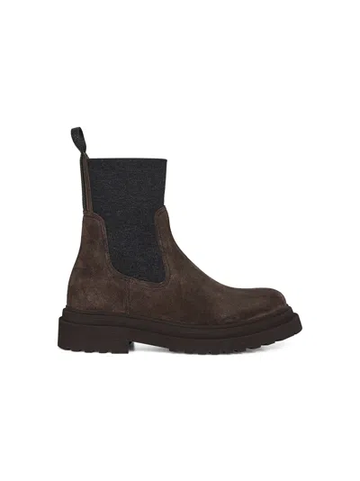 Brunello Cucinelli Chunky Sole Suede Ankle Boots With Monili Detail In Brown