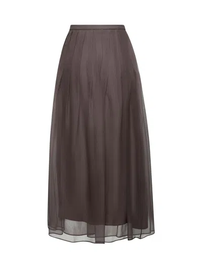 Brunello Cucinelli Women Brown Shiny Waistband Pleated Midi Skirt In Brown
