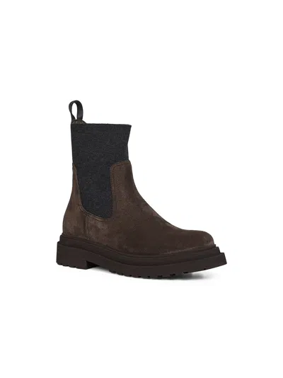 Brunello Cucinelli Chunky Sole Suede Ankle Boots With Monili Detail In Brown