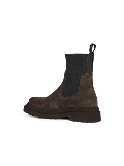 Brunello Cucinelli Chunky Sole Suede Ankle Boots With Monili Detail In Brown