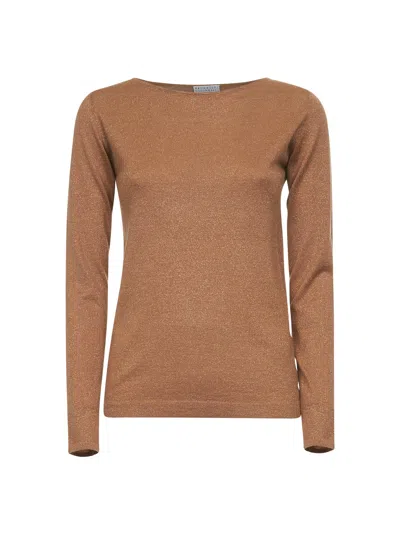 Brunello Cucinelli Camel Sparkling Cashmere And Silk Lightweight Sweater