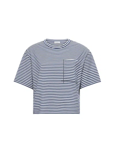 Brunello Cucinelli Striped Jersey Shiny Pocket Detail Crop T-shirt