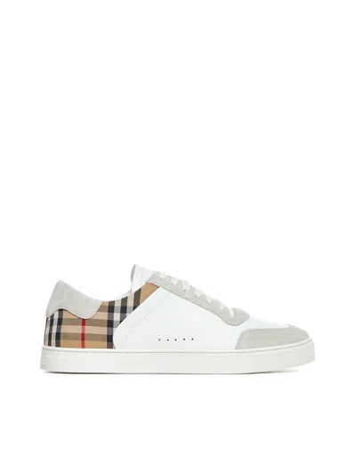 Burberry Men Stevie Leather And Check Canvas Sneakers In White