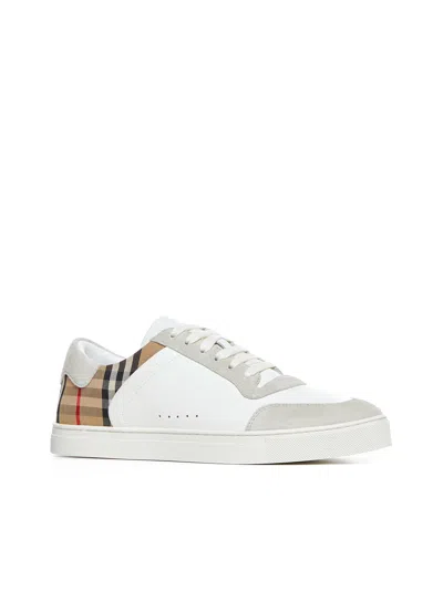 Burberry Men Stevie Leather And Check Canvas Sneakers In White