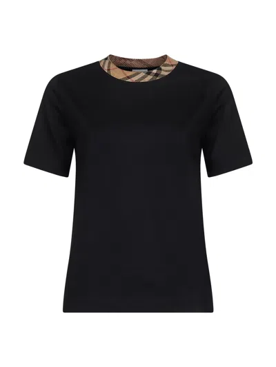 Burberry Black Crewneck T-shirt With Ckeck Motif On The Collar In Cotton Woman
