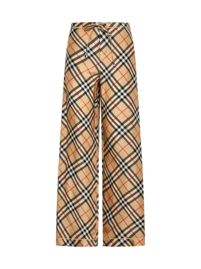 Burberry Women Check Print Silk Trousers In Brown
