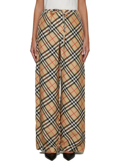 Burberry Women Check Print Silk Trousers In Brown