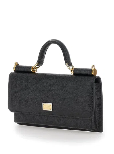 Dolce & Gabbana Black Crossbody Bag With Logo Plaque In Grained Leather Woman