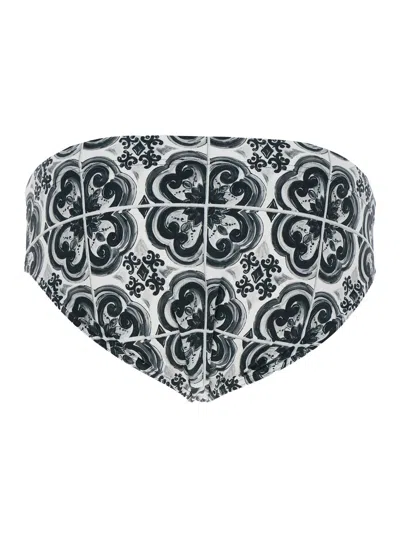 Dolce & Gabbana Black And White Swimsuit With All-over Majolica Print In Techl Fabric Man In Black