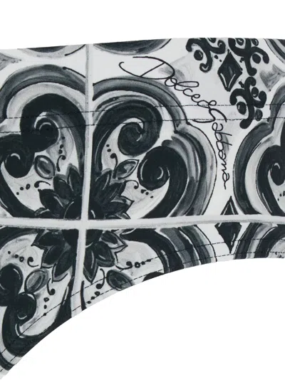 Dolce & Gabbana Black And White Swimsuit With All-over Majolica Print In Techl Fabric Man In Black