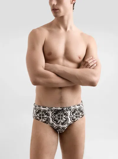 Dolce & Gabbana Black And White Swimsuit With All-over Majolica Print In Techl Fabric Man In Black