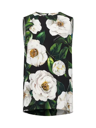 Dolce & Gabbana Gardenia Print Stretch Silk Charmeuse Sleeveless Top