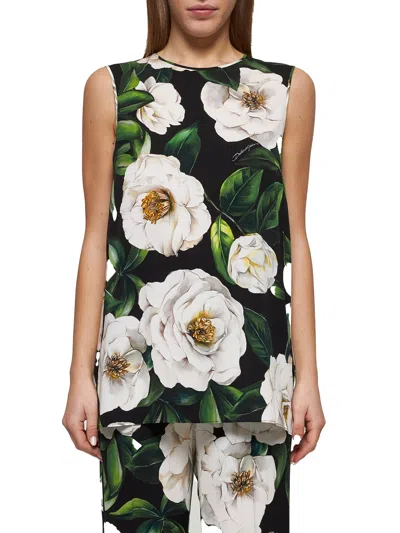 Dolce & Gabbana Gardenia Print Stretch Silk Charmeuse Sleeveless Top