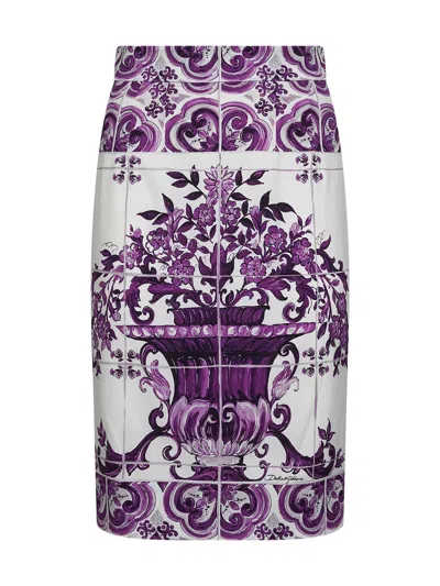 Dolce & Gabbana Maiolica Print Stretch Silk Skirt In Purple