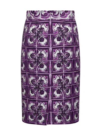 Dolce & Gabbana Maiolica Print Stretch Silk Skirt In Purple