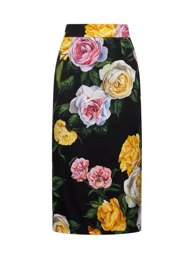 Dolce & Gabbana Black Midi Skirt With All-over Floral Print