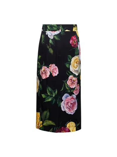 Dolce & Gabbana Black Midi Skirt With All-over Floral Print