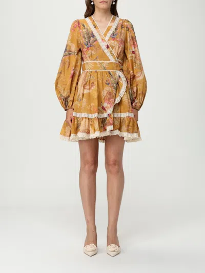 Zimmermann Frill Cotton Short Dress With Floral Print In Brown