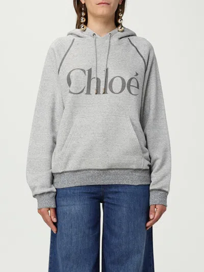 Chloé Cotton Blend Logo Hoodie In Gray