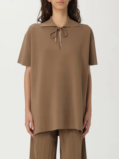 Max Mara Relaxed Fit Deep V-neck Brown Top With Drawstring Details In Neutral