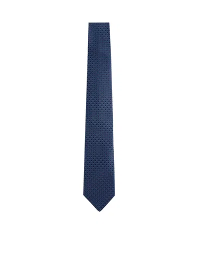 Ferragamo Logo Print Geometric Pattern Slim Tie In Blue