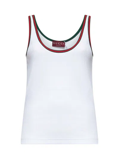 Gucci Women White Ribbed Top With Web Detail On The Edges In Cotton Woman