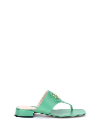 Valentino Vlogo Leather Thong Sandals With Squared Toe In Green