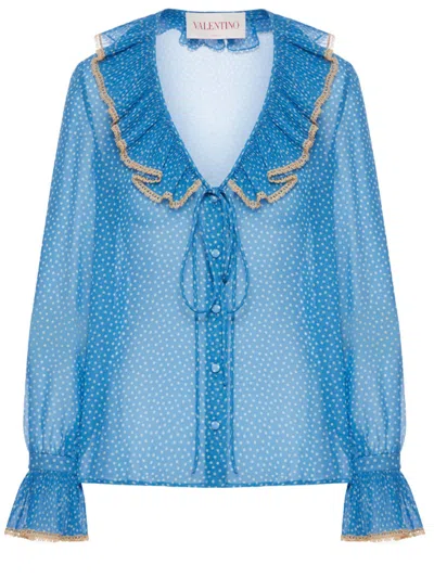 Valentino Garavani Light Georgette Shirt With Plusdepois Print In Blue