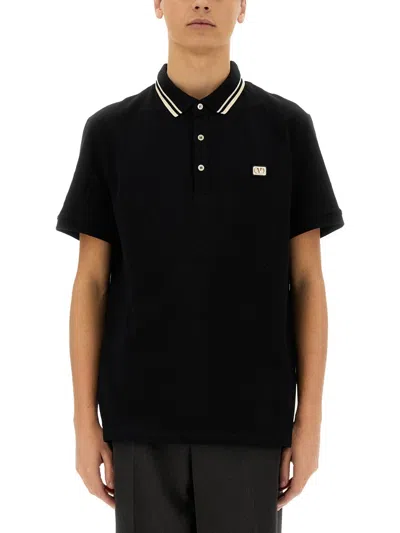 Valentino Garavani Black Polo Shirt With Classic Bicolor Collar And Logo Patch On The Front In Cotto In Black
