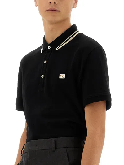 Valentino Garavani Black Polo Shirt With Classic Bicolor Collar And Logo Patch On The Front In Cotto In Black