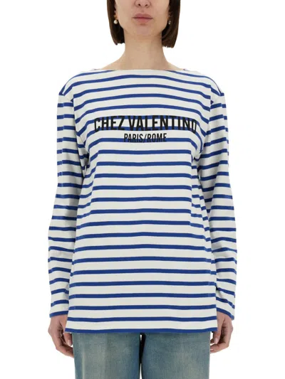 Valentino Long Sleeve Cotton T-shirt With Striped Pattern In Blue
