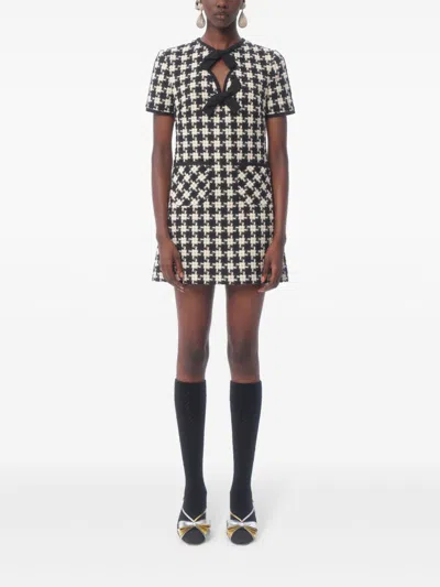 Valentino Embroidered Damier Light Tweed Short Dress In Black