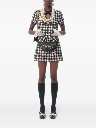 Valentino Embroidered Damier Light Tweed Short Dress In Black