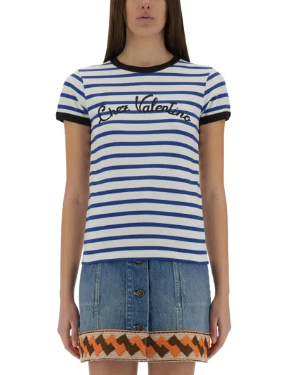 Valentino Womens Striped Embroidered Cotton-jersey T-shirt Avorio Blu In Blue