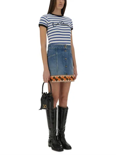 Valentino Womens Striped Embroidered Cotton-jersey T-shirt Avorio Blu In Blue