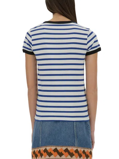 Valentino Womens Striped Embroidered Cotton-jersey T-shirt Avorio Blu In Blue
