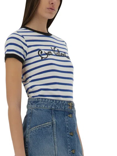 Valentino Womens Striped Embroidered Cotton-jersey T-shirt Avorio Blu In Blue