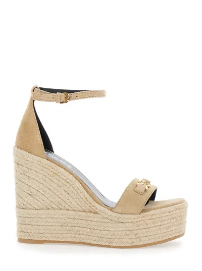 Versace Beige Wedges With Adjustable Buckle Closure And Medusa Plaque On The Front In Leather Woman In Neutral